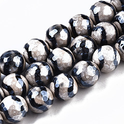 Old Lace Tibetan Style dZi Beads, Natural Agate Beads Strands,  Dyed & Heated, Pearlized, Round, Faceted, Old Lace, 10mm, Hole: 1mm, about 37~38pcs/strand, 14.57 inch(37cm)