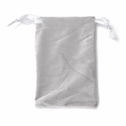 Silver Velvet Jewelry Drawstring Bags, with Satin Ribbon, Rectangle, Silver, 15x10x0.3cm