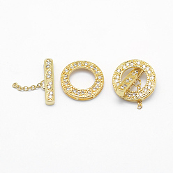 Real 18K Gold Plated Brass Toggle Clasps, with Cubic Zirconia, Cadmium Free & Nickel Free & Lead Free, Real 18K Gold Plated, Ring: 17x3mm, Hole: 1x5mm, Bar: 20x5x3mm, Hole: 3x1mm