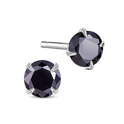 Black SHEGRACE Rhodium Plated 925 Sterling Silver Four Pronged Ear Studs, with AAA Cubic Zirconia and Ear Nuts, Black, 4mm