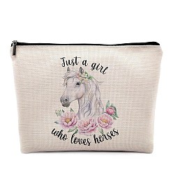 Horse Flax Makeup Storage Bag, Multi-functional Travel Toilet Bag, Clutch Bag with Zipper for Women, Horse, 18x25cm