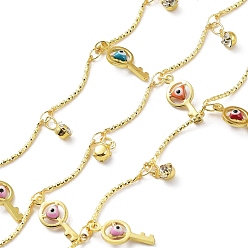 Real 18K Gold Plated Brass Curved Bar Link Chains, with Glass & Colorful Enamel Key with Evil Eye Charms, Soldered, with Spool, Real 18K Gold Plated, 18x1mm, about 32.81 Feet(10m)/Roll