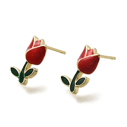 Красный Серьги-гвоздики с цветком из латуни и эмали, стойки покрытие, долговечный, без кадмия и без свинца, реальный 18 k позолоченный, красные, 15x9.5 мм