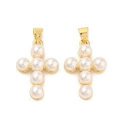 Настоящее золото 18K Оболочки жемчужина подвески, с латунной фурнитурой , крестик, реальный 18 k позолоченный, 23x15x6 мм, отверстие : 3.5x5 мм