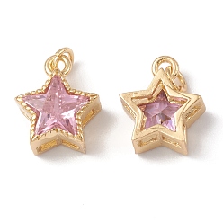 Pearl Pink Rack Plating Brass with Cubic Zirconia Charms, Star Charm, Cadmium Free & Lead Free, with Jump Ring, Real 18K Gold Plated, Pearl Pink, 12.5x10.5x5.5mm, Hole: 0.9mm