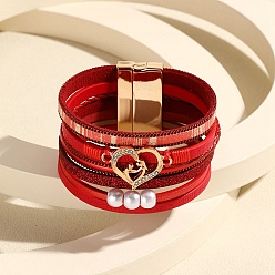 Red Heart Link Leather Multi-strand Bracelets, Word Bracelet with Magnetic Clasp for Mother's Day, Red, 7-7/8 inch(20cm)