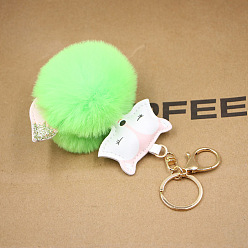 fluorescent green Fox Plush Leather Keychain with Fox Head Toy and Pom-Pom Backpack Pendant