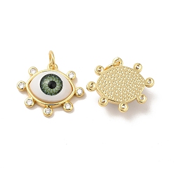 Dark Sea Green Brass Micro Pave Clear Cubic Zirconia Pendants, with Resin, Real 18K Gold Plated, Evil Eye Charms, Dark Sea Green, 17.5x20.5x6mm, Jump Ring: 6x1mm, Inner Diameter: 4mm