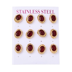 Dark Red 6 Pairs 304 Stainless Steel Pave Cubic Zirconia Stud Earrings, Oval, PVD Vacuum Plating, Golden, Dark Red, 12.5x10mm