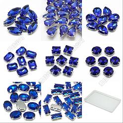 Сапфир 80шт 8 стили пришить стразы, многожильных ссылки, стекло горный хрусталь, с настройками латуни, аксессуары для одежды, граненые, платина, разнообразные, сапфир, 8~16x6~11x4.4~7.2 мм, отверстие : 0.8~1 мм, 10 шт / стиль