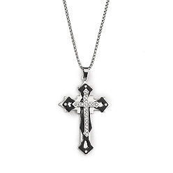 Black 201 Stainless Steel Necklaces, Alloy Rhinestone Pendants Necklaces, Cross, Black, 23.31 inch(59.2cm)