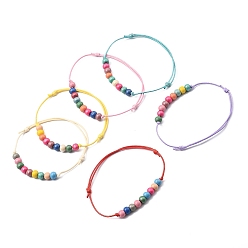 Mixed Color Adjustable Korean Waxed Polyester Cord Bracelets, Beaded Bracelets, with Rainbow Spary Painted Natural Wood Beads, Mixed Color, Inner Diameter: 1-7/8~3-1/2 inch(4.9~8.9cm)