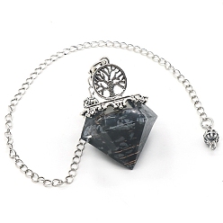 Snowflake Obsidian Natural Snowflake Obsidian Chip & Resin Dowsing Pendulum Big Pendants, with Platinum Plated Metal Tree of Life, Diamond Charm, 290mm