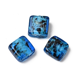 Deep Sky Blue Handmade Gold Sand Lampwork Beads, Square, Deep Sky Blue, 12.5x12.5x6~6.5mm, Hole: 1.8mm
