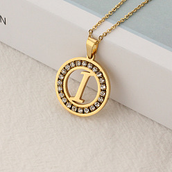 Letter I Crystal Rhinestone Initial Letter Pendant Necklace with Cable Chains, Stainless Steel Jewelry for Women, Golden, Letter.I, 15.75 inch(40cm)