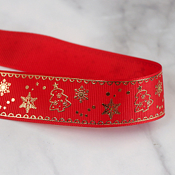 Red 25 Yards Flat Christmas Snowflake Printed Polyester Grosgrain Ribbons, Hot Stamping Ribbons, Red, 1 inch(25mm), about 25.00 Yards(22.86m)/Roll