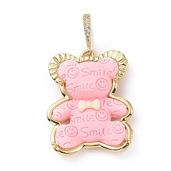 Pink Opaque Resin Pendants, Bear with Word Smile Charm, with Brass Micro Pave Clear Cubic Zirconia, Cadmium Free & Lead Free, Real 18K Gold Plated, Pink, 31x25x8mm, Hole: 4.5x7mm