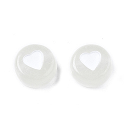 White Luminous Acrylic Beads, Glow in the Dark, Flat Round with Heart, White, 7x3.5mm, Hole: 1.8mm, about 3700pcs/500g