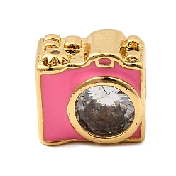 Ярко-Розовый Латунные микропаве прозрачные кубические циркониевые эмалевые бусины, камера, без свинца и без кадмия, долговечный, реальный 18 k позолоченный, стойки покрытие, ярко-розовый, 9x9.5x6 мм, отверстие : 2 мм