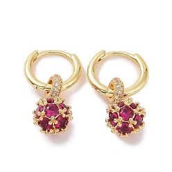 Medium Violet Red Cubic Zirconia Round Ball Dangle Hoop Earrings, Golden Brass Jewelry for Women, Medium Violet Red, 25.5mm, Pin: 0.8mm