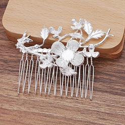 Silver Iron Hair Comb Cabochon Settings, with Alloy Flower, Silver, 62x77x10mm