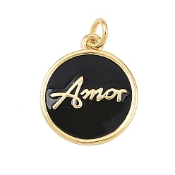 Черный Латунь эмаль подвески, с целью перехода в кольце, плоские круглые подвески со словом «амор», без свинца и без кадмия, долговечный, реальный 18 k позолоченный, стойки покрытие, чёрные, 16.5x14x1.5 мм, отверстие : 2.5 мм