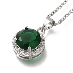 Зеленый 304 из нержавеющей стали кабель цепи ожерелья, латунные прозрачные кубические цирконии плоские круглые подвески ожерелья, платины и нержавеющая сталь цвет, зелёные, 17.91 дюйм (45.5 см)