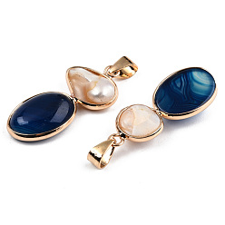 Marine Blue Natural Crackle Agate Pendants, with Natural Shells and Light Gold Plated Brass Findings, Dyed, Oval Charm, Marine Blue, 32~36x14.5~16.5x5~7.5mm, Hole: 4x6.5mm
