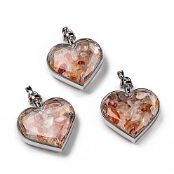 Carnelian Glass Bottle Pendants, with Natural Red Agate Chips and Platinum Plated Alloy Findings, Heart, 40x32.5x11mm, Hole: 8x5mm