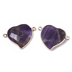 Amethyst Natural Amethyst Links Connectors, with Edge Light Gold Plated Brass Findings, Faceted, Heart, 26x34.5x6mm, Hole: 3mm