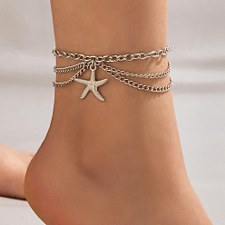 Starfish Platinum Alloy Chains Multi-layer Anklets, with Charms, Starfish, 9-1/4 inch(23.5cm)