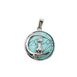 Synthetic Turquoise Synthetic Turquoise Pendants, Moon Charms, with Platinum Plated Alloy Cat Shape Findings, 28x24mm