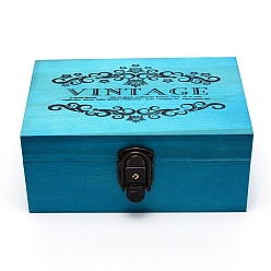 Dark Turquoise Pinewood Box, with Word Vintage Pattern & Iron Keys, Storage Box, Rectangle, Dark Turquoise, 15.1x21.5x9.5cm, Iron Keys: 40x19x1mm, 2pcs/set