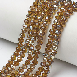 Dark Goldenrod Electroplate Glass Beads Strands, Half Plated, Rainbow Plated, Faceted, Rondelle, Dark Goldenrod, 4x3mm, Hole: 0.4mm, about 123~127pcs/strand, 16.5~16.9 inch(42~43cm)