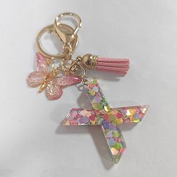 Letter X Acrylic and Resin Keychain, with Tassel, Alloy Rings, Butterfly, Letter X, 10.02cm, Pendant: 23~43mm