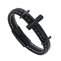 Black Hip-Hop Style Cross Link Bracelet with Alloy Magnetic Buckle, Retro Woven Leather Bracelet, Black, 8-1/4 inch(21cm)