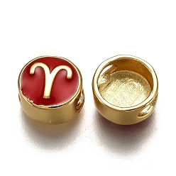 Aries Brass Beads, with Enamel, Flat Round with Constellation, Real 18K Gold Plated, Red, Aries, 10x5mm, Hole: 4.5x2.5mm