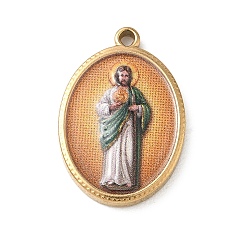 Настоящее золото 18K 304 Подвески из нержавеющей стали с религиозным принтом, овальный подвесной элемент с узором St. Jude, ионное покрытие (ip), реальный 18 k позолоченный, 23.5x16x3 мм, отверстие : 1.8 мм