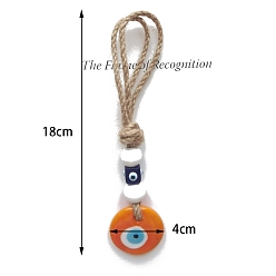 Coral Glass Flat Round with Evil Eye Pendant Decorations, Jute Cord Car Wall Hanging Decoration, Coral, 180x40mm