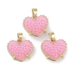 Персиковый Слойка Подвески в форме сердечек из смолы друзы, Покрытие стойки из настоящей 18k позолоченной латуни, подвески в форме сердца любви, долговечный, без кадмия и без свинца, розовые, 13.5x15.5x7 мм, отверстие : 3.3x5.2 мм