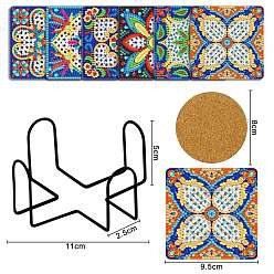 Flower DIY Cup Mats Diamond Painting Kits, Including Cork Pads, Iron Coaster Holder, Resin Rhinestones, Diamond Sticky Pen, Tray Plate and Glue Clay, Flower Pattern, 95x95mm