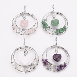 Mixed Stone Natural Mixed Gemstone Big Pendants, Wire Wrapped Pendants, with Platinum Brass Wires, Flat Round with Heart, 63.5x49~50x9.5mm, Hole: 4mm