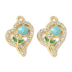 Голубой Подвески из сплава эмали и стразов, золотой свет, без кадмия, без никеля и без свинца, сердце с цветочным шармом, голубой, 23x15x3 мм, отверстие : 1.6 мм