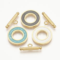 Mixed Color 201 Stainless Steel Toggle Clasps, with Enamel, Ring, Golden, Mixed Color, Ring: 19.5x2mm, Inner Diameter: 10mm, Bar: 21x7x3mm, Hole: 2mm