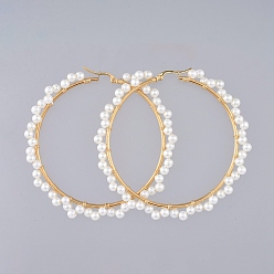 White Beaded Hoop Earrings, with Glass Pearl Beads, Golden Plated 304 Stainless Steel Hoop Earrings Findings and Copper Wire, Ring, White, 74mm, Pin: 0.8mm