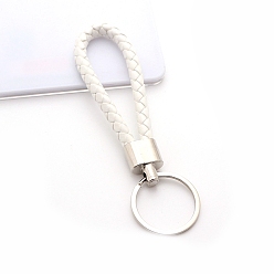 White Handwoven Imitation Leather Keychain, with Metal Car Key Ring Chain Accessories Gift for Men and Women, White, 122x30mm