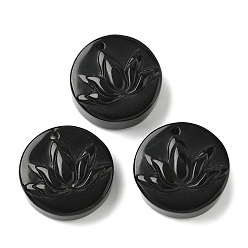 Обсидиан Природные подвески обсидиана, плоский круглый с резными подвесками в виде цветка лотоса, 25~25.5x8~11 мм, отверстие : 1.5~2 мм