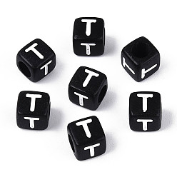 Letter T Начальные акриловые бусины с горизонтальной дырочкой, кубические, чёрные, Письмо T, 6x6x6 мм, отверстие : 3.5 мм, 3330 шт / 500 г
