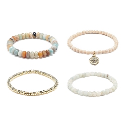 Mixed Stone 4Pcs 4 Style Natural & Synthetic Mixed Gemstone Stretch Bracelets Set, Golden Alloy Evil Eye Charms Stackable Bracelets for Women, Inner Diameter: 2~2-3/8 inch(5.15~5.9cm), 1Pc/style
