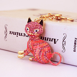 Red Fashion Rhinestones Enamel Sitting Cat Pendant Keychain, with Alloy Findings, for Car Bag Pendant Keychain, Red, 12cm